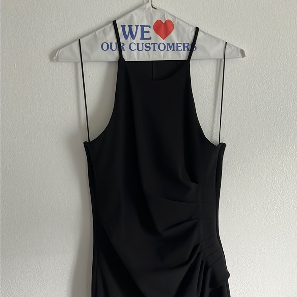 Badgley Mishka Black Halter, Ruched Side Slit Evening Gown - Picture 6 of 13